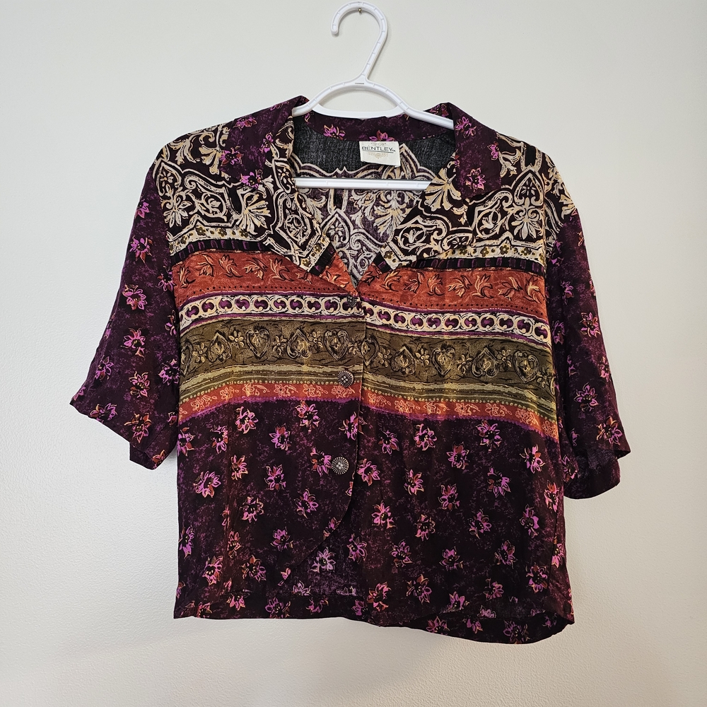 Vintage Bentley Purple Floral Button-Up Top Paper Tag Boho Whimsigoth 90s Medium